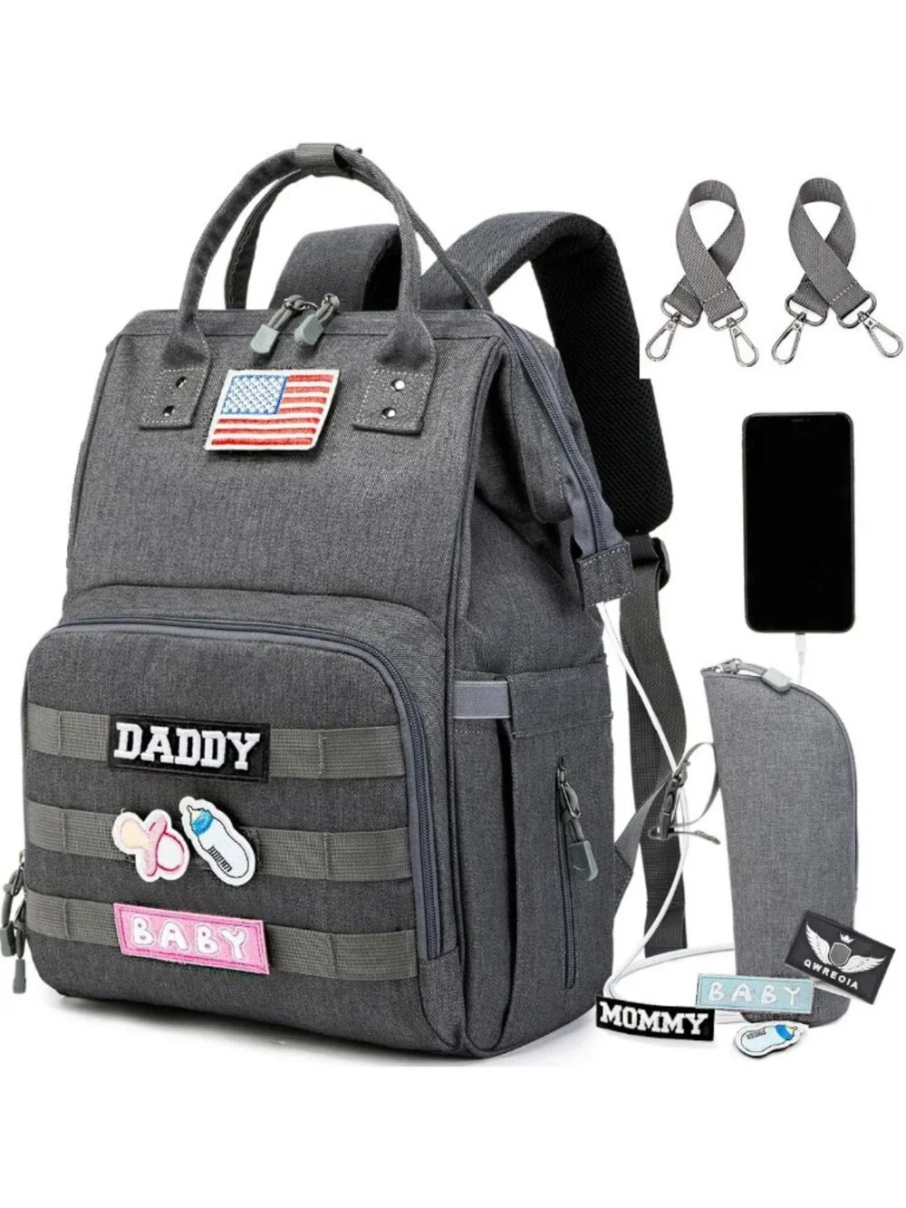 Stylish Tactical Diaper Backpack with USB Port for Parents - Dark Grey